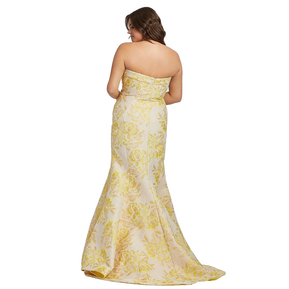 NWT Mac Duggal 66801 Metallic Brocade Strapless Bustier Gown Lemon Size 14W - Picture 2 of 14